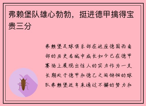 弗赖堡队雄心勃勃，挺进德甲擒得宝贵三分
